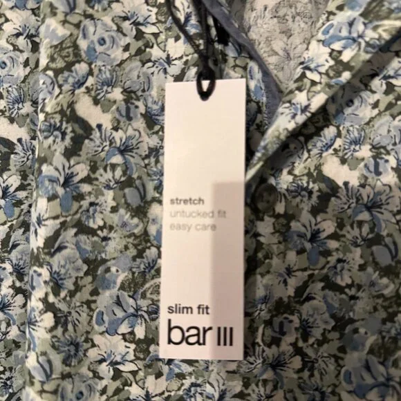 NWT Mens Bar III Long Sleeve Button Down Blue Floral Pattern Slim Fit - Picture 2 of 5